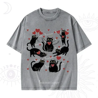 Purplehecate Meowy Valentine's Romantic Cat Valentine Washed T-Shirt