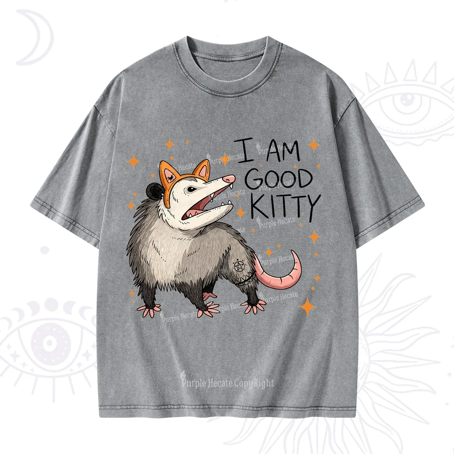 Purplehecate Funny Opossum I Am Good Kitty Washed T-Shirt
