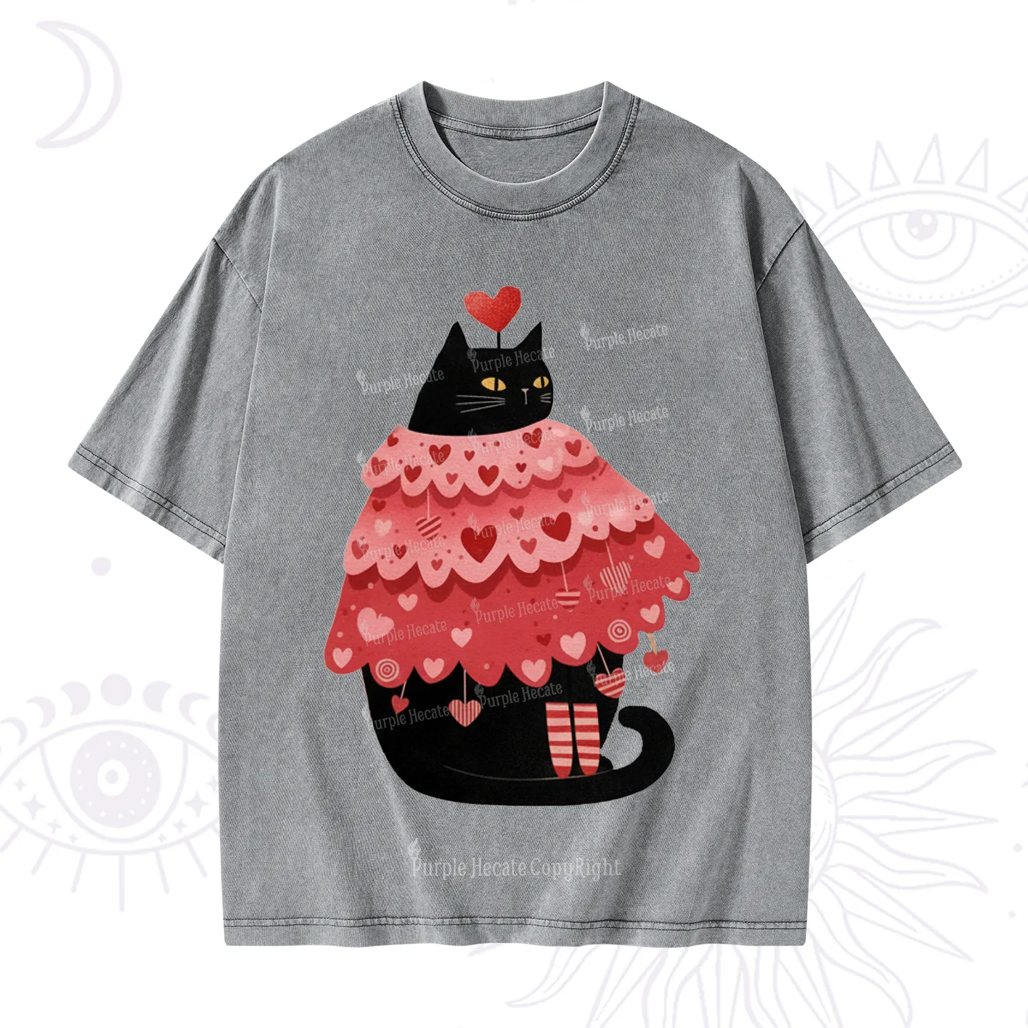 Purplehecate Funny Black Cat in Heart Dress Valentine Washed T-Shirt
