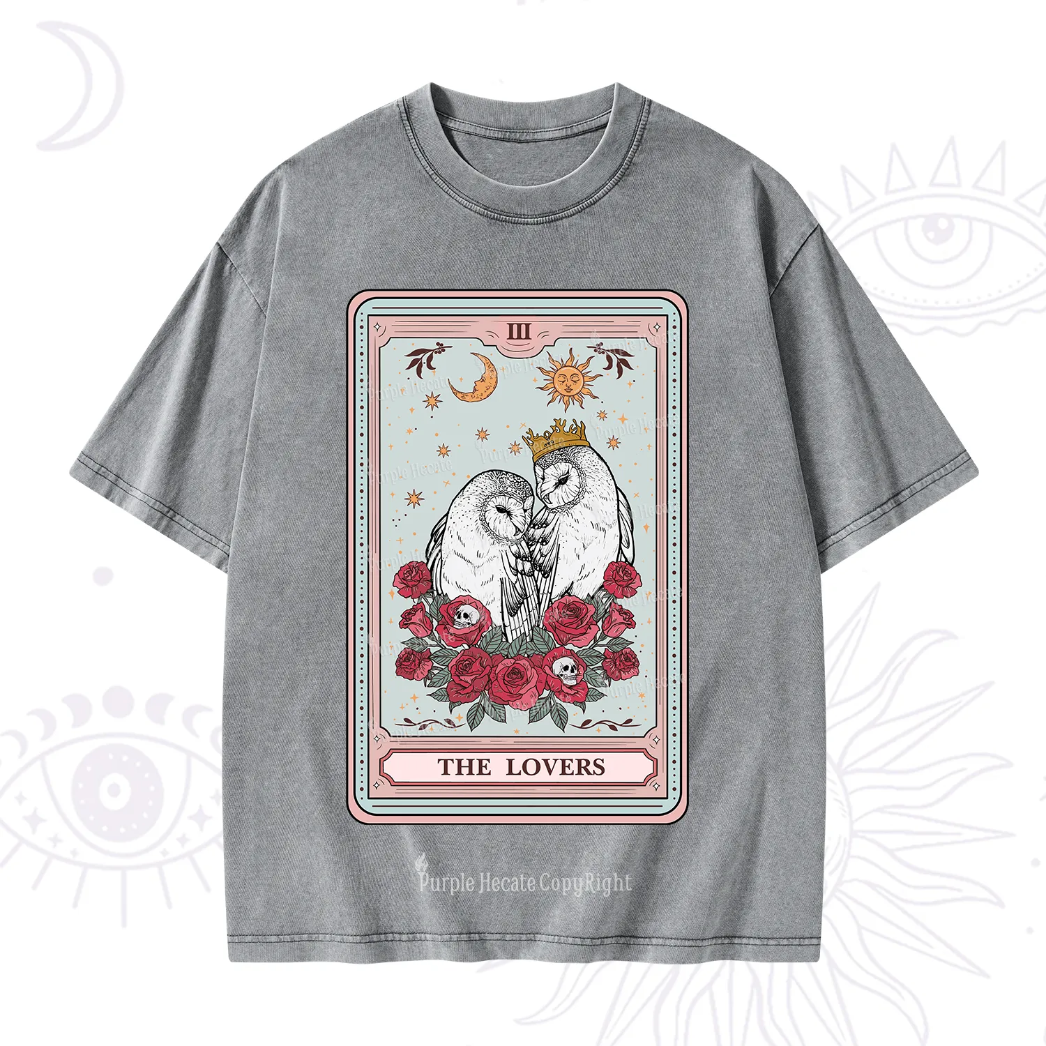 Purplehecate The Lovers Owls Tarot Card Washed T-Shirt