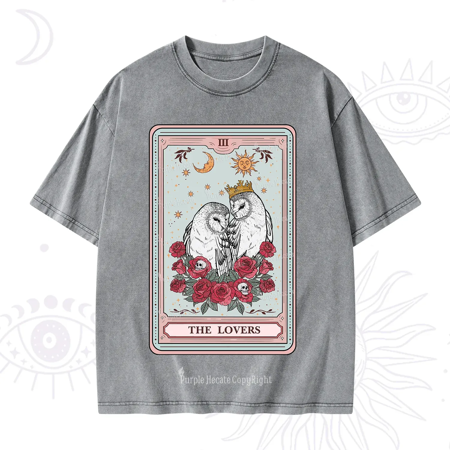 Purplehecate The Lovers Owls Tarot Card Washed T-Shirt