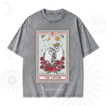 Purplehecate The Lovers Owls Tarot Card Washed T-Shirt