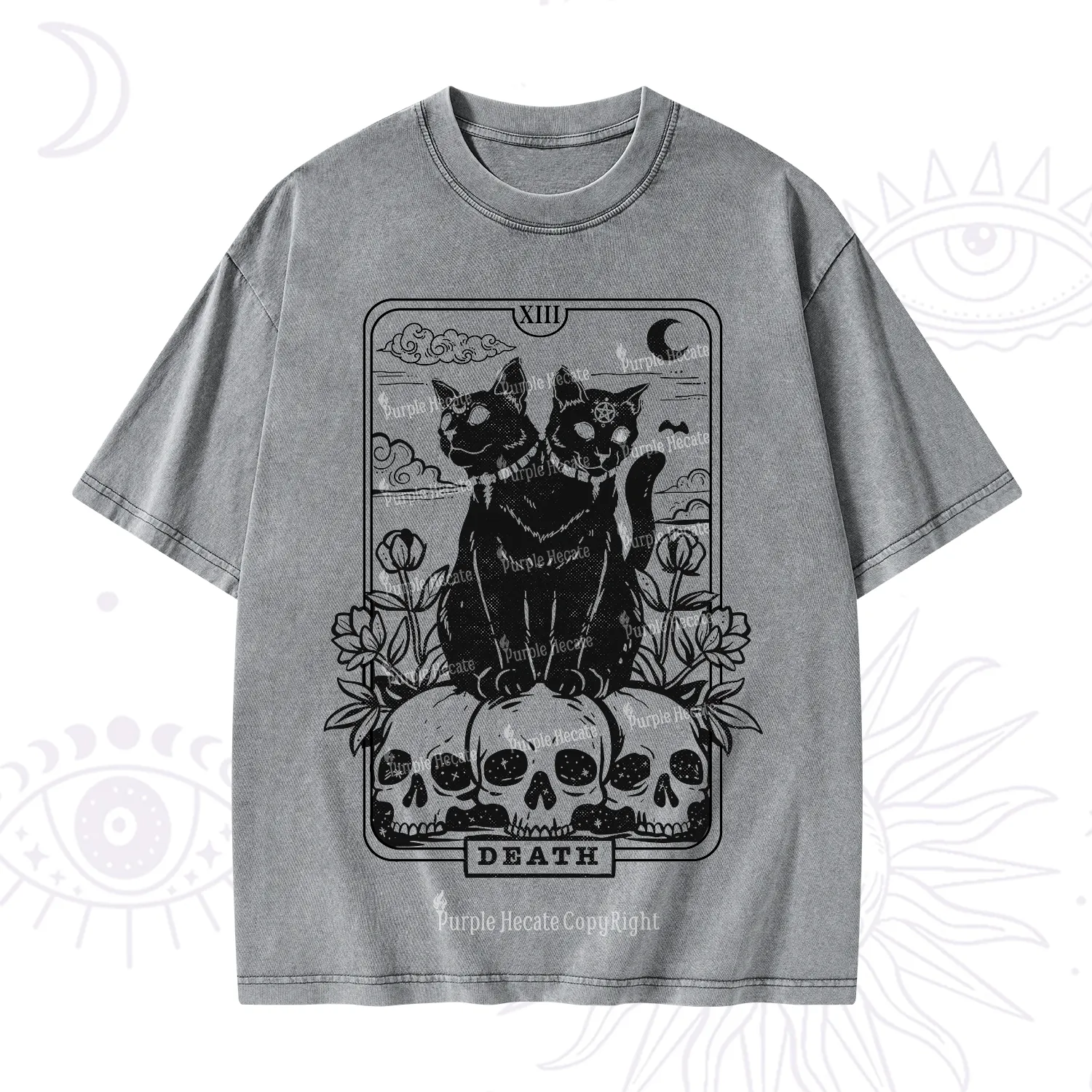 Purplehecate The Black Cat Death Tarot Card Washed T-Shirt