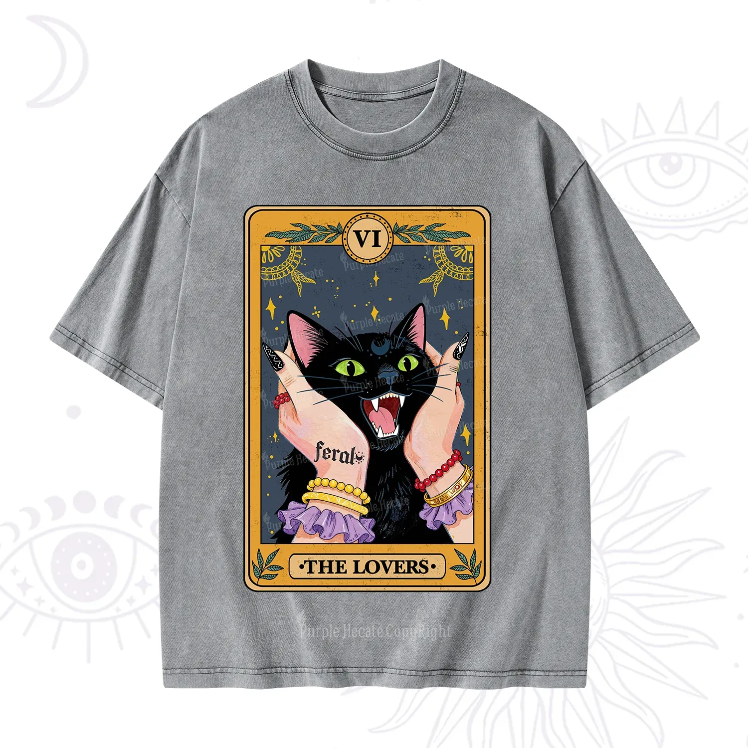 Purplehecate The Lovers Tarot Feral Cat Washed T-Shirt
