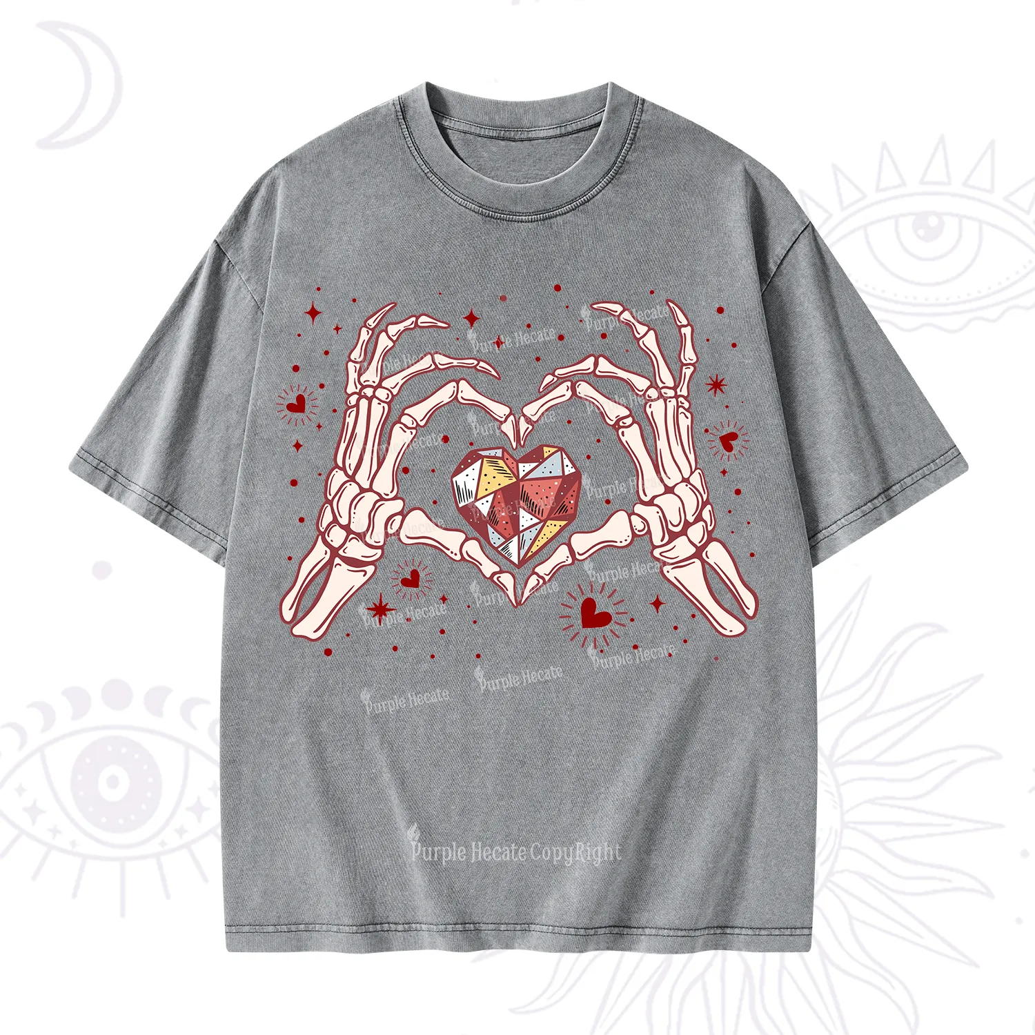 Purplehecate Skeleton Love Hands Valentine Washed T-Shirt