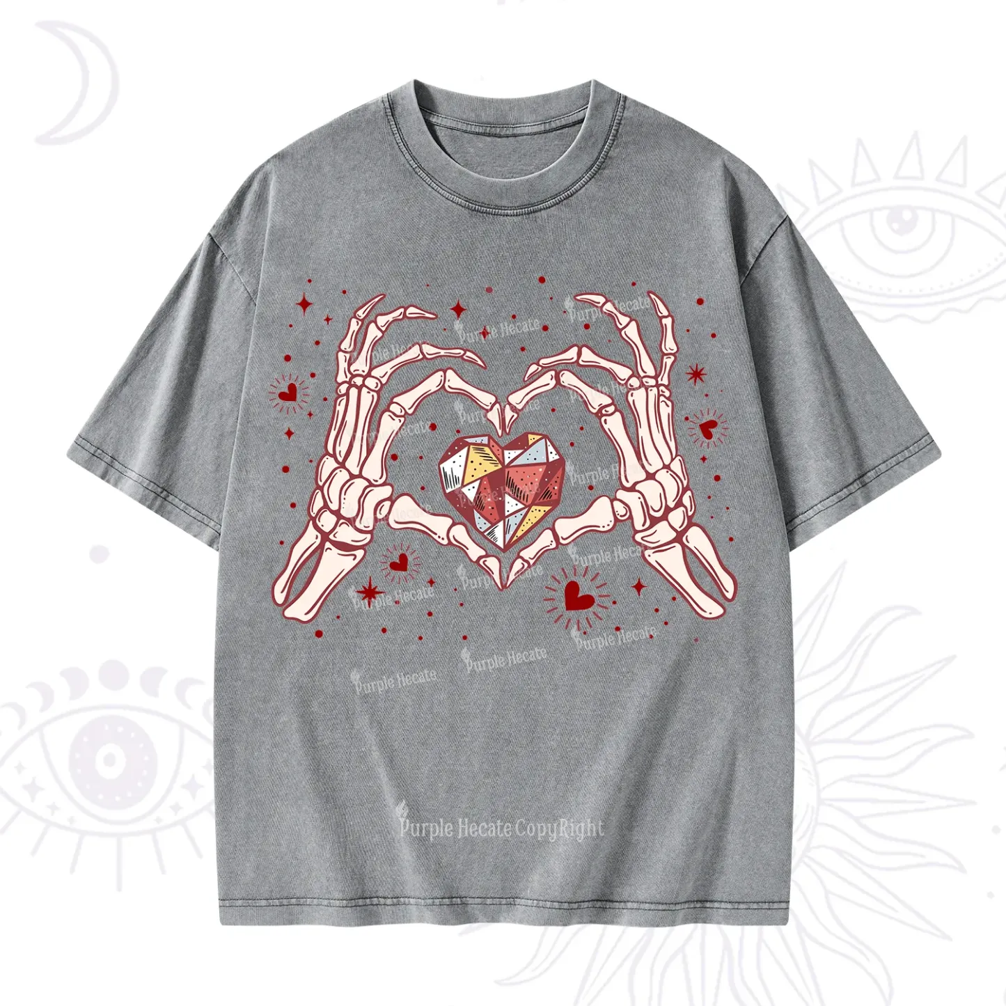 Purplehecate Skeleton Love Hands Valentine Washed T-Shirt