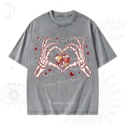 Purplehecate Skeleton Love Hands Valentine Washed T-Shirt