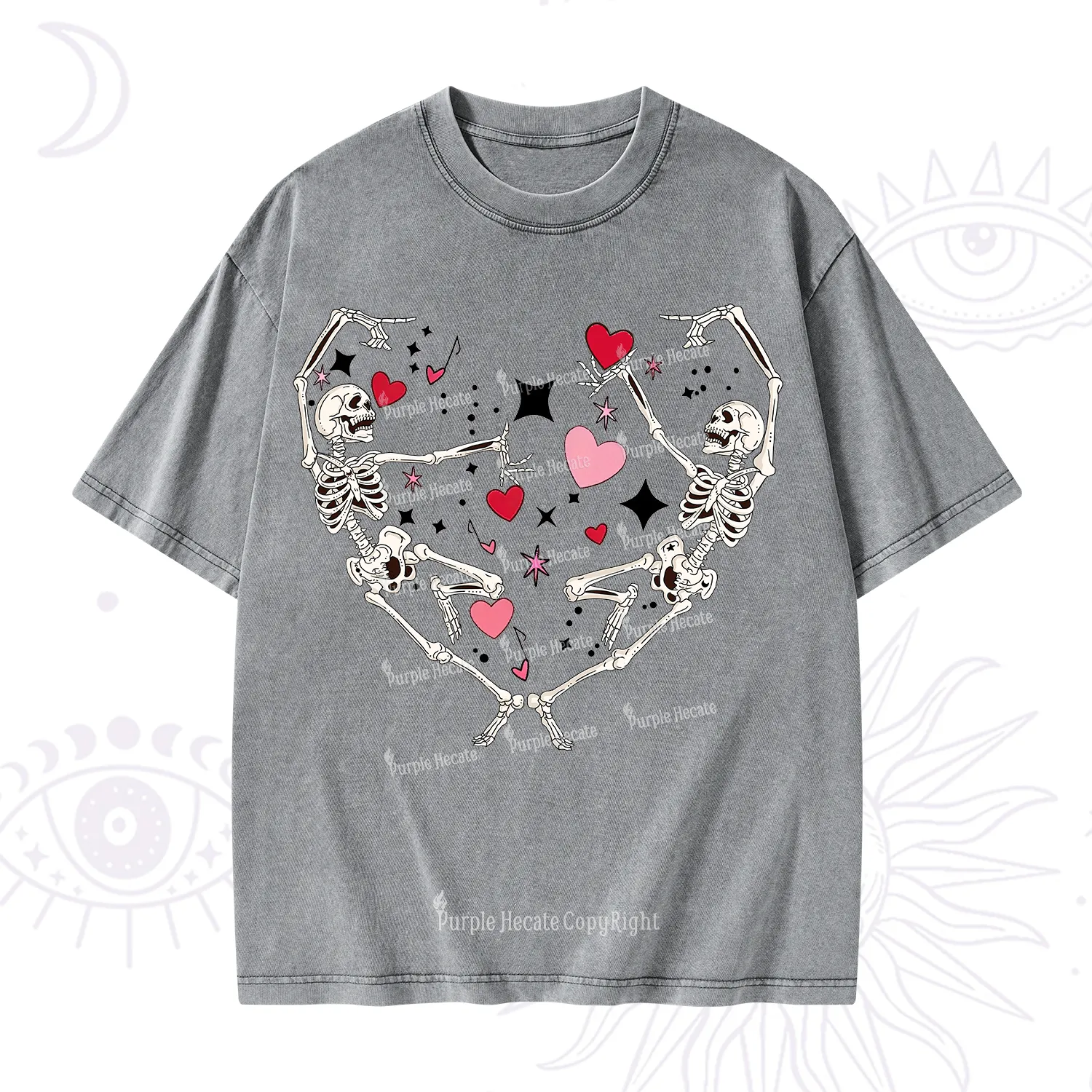 Purplehecate Skeleton Heart Lovers Valentine Washed T-Shirt