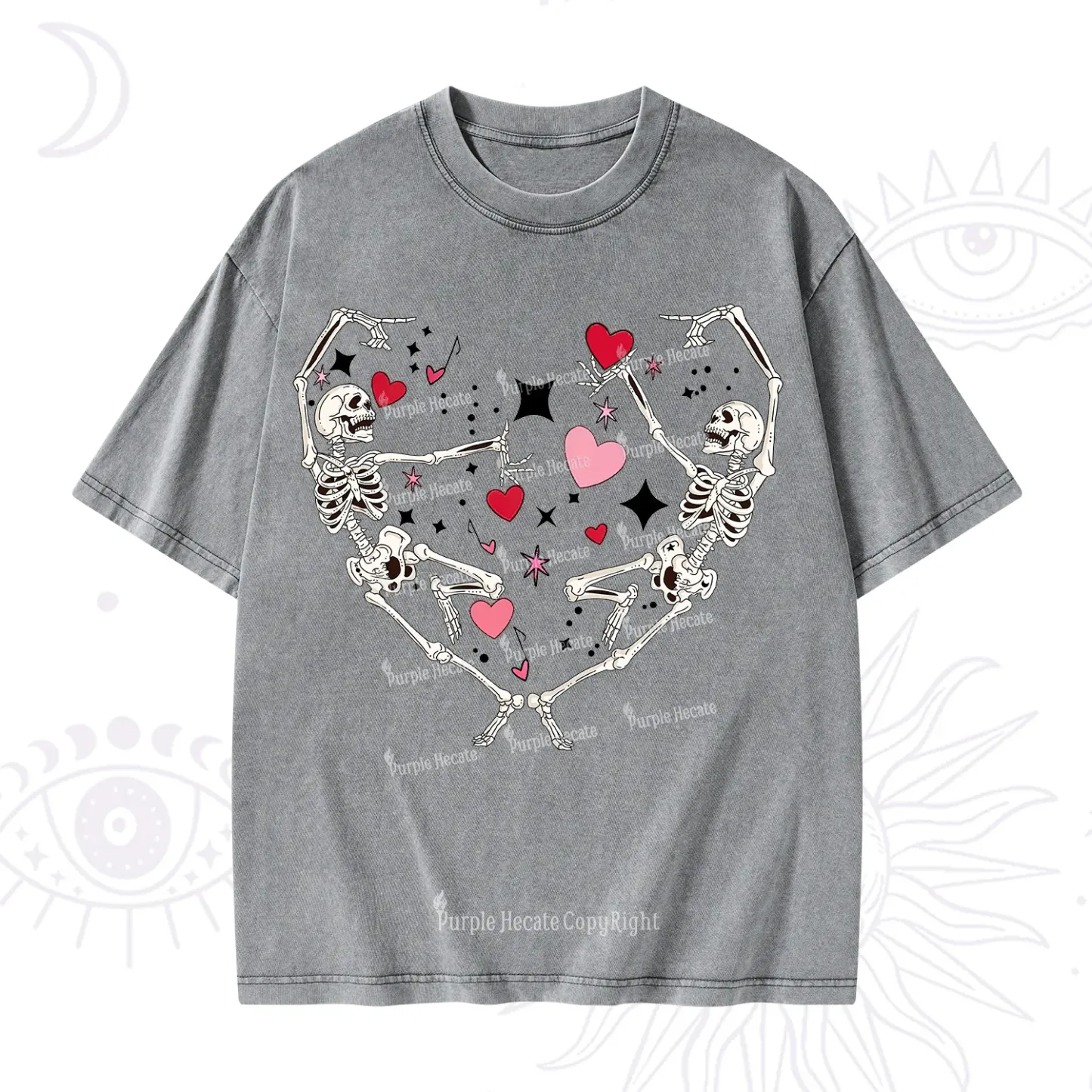 Purplehecate Skeleton Heart Lovers Valentine Washed T-Shirt