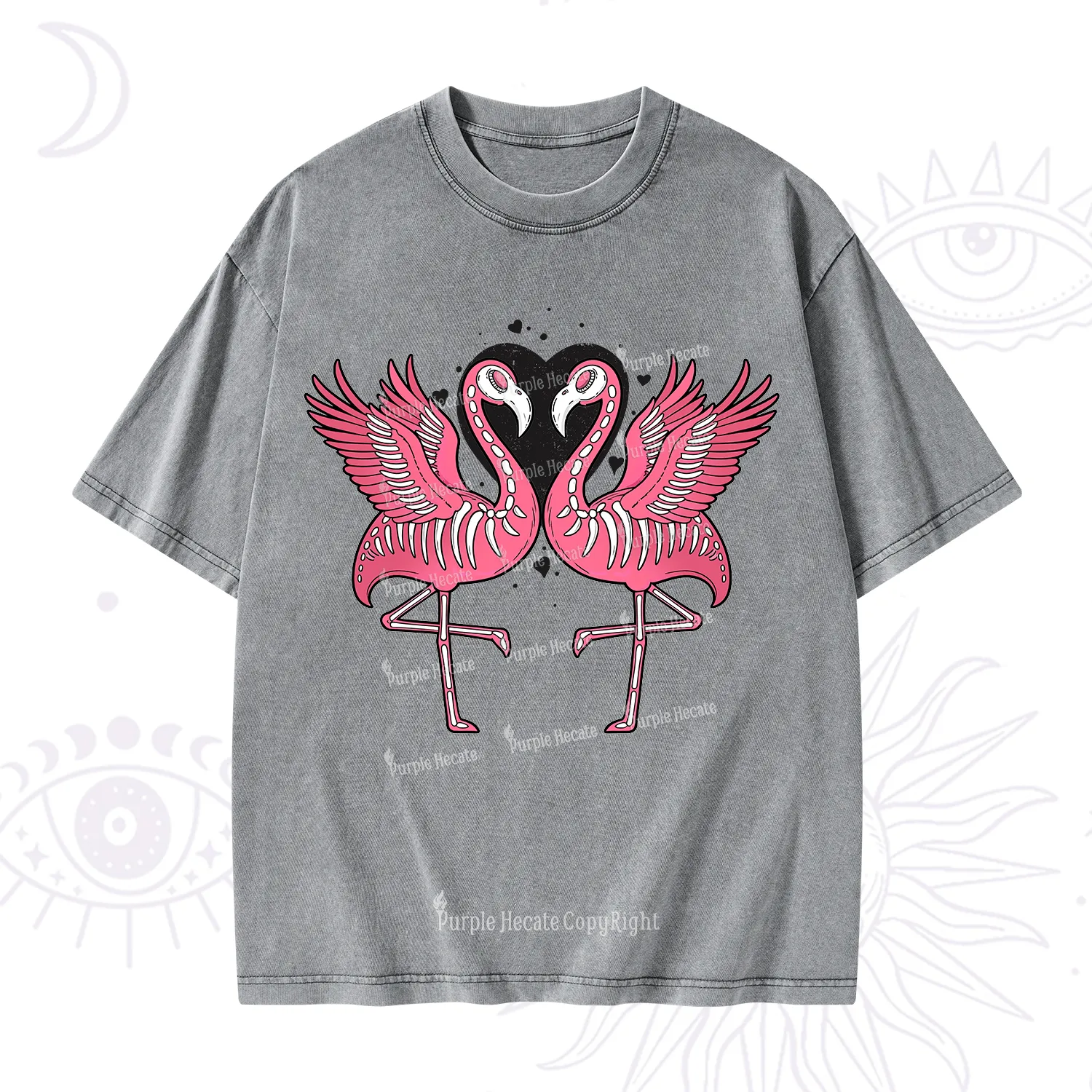 Purplehecate Witchy Pink Flamingo Skull Valentine Washed T-Shirt