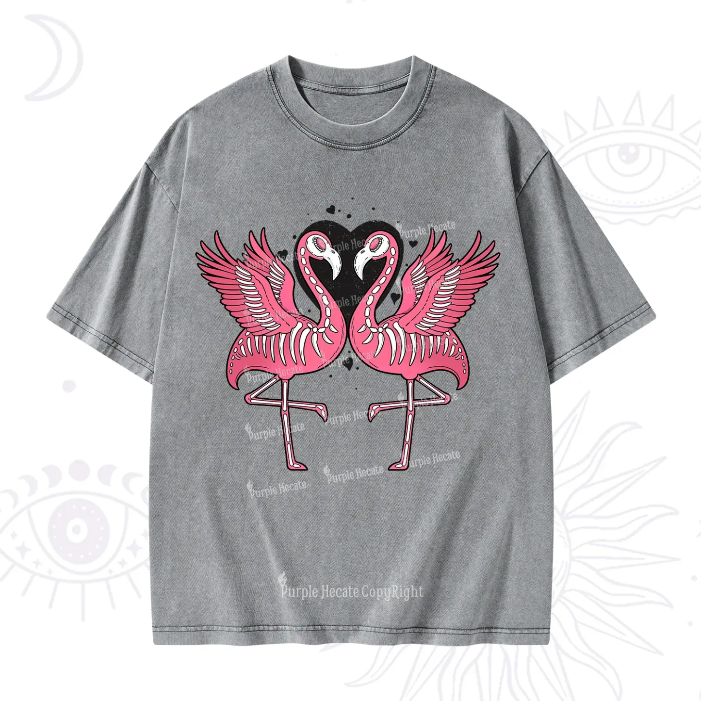 Purplehecate Witchy Pink Flamingo Skull Valentine Washed T-Shirt
