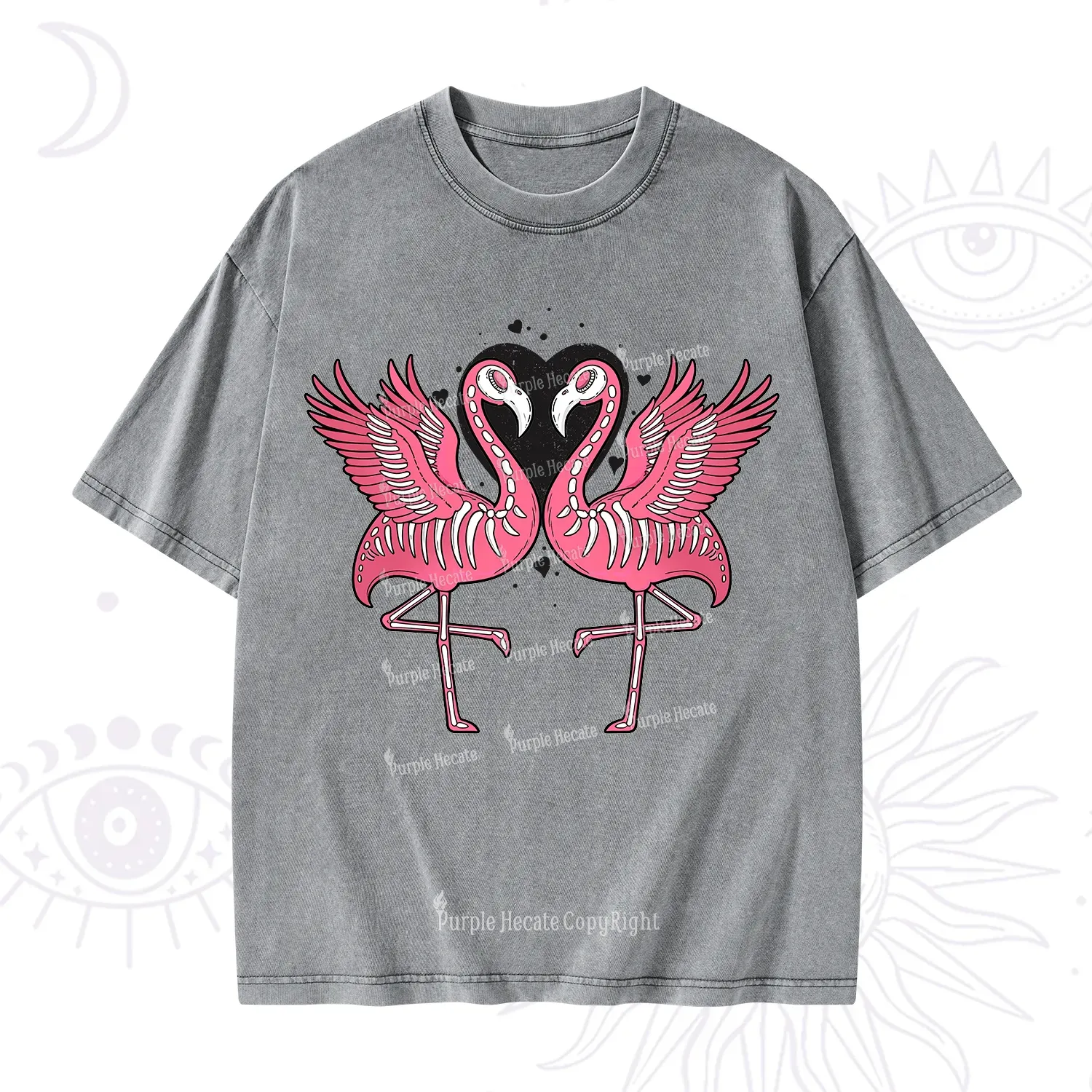 Purplehecate Witchy Pink Flamingo Skull Valentine Washed T-Shirt