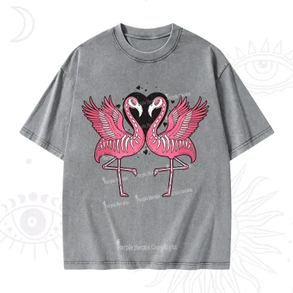 Purplehecate Witchy Pink Flamingo Skull Valentine Washed T-Shirt