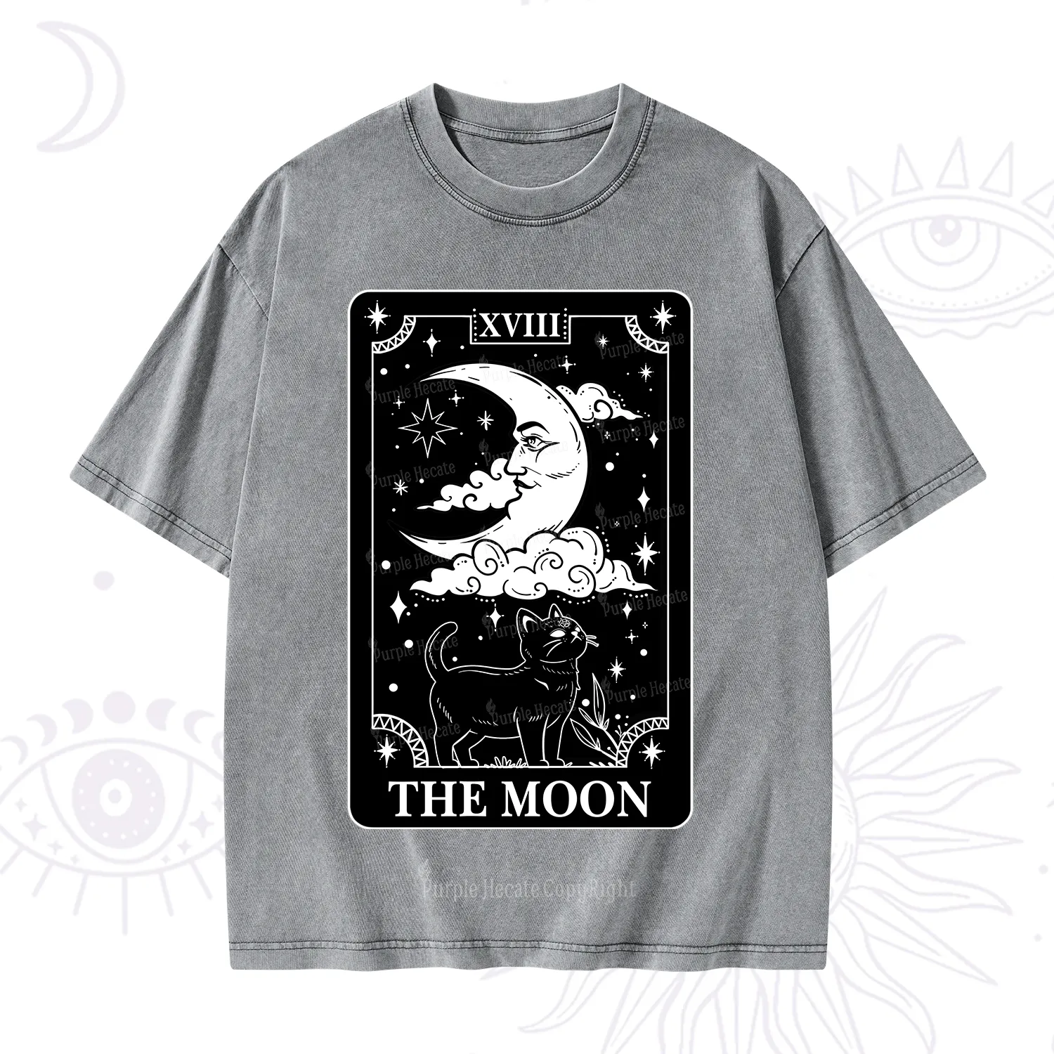 Purplehecate The Moon Tarot Card Cat Washed T-Shirt