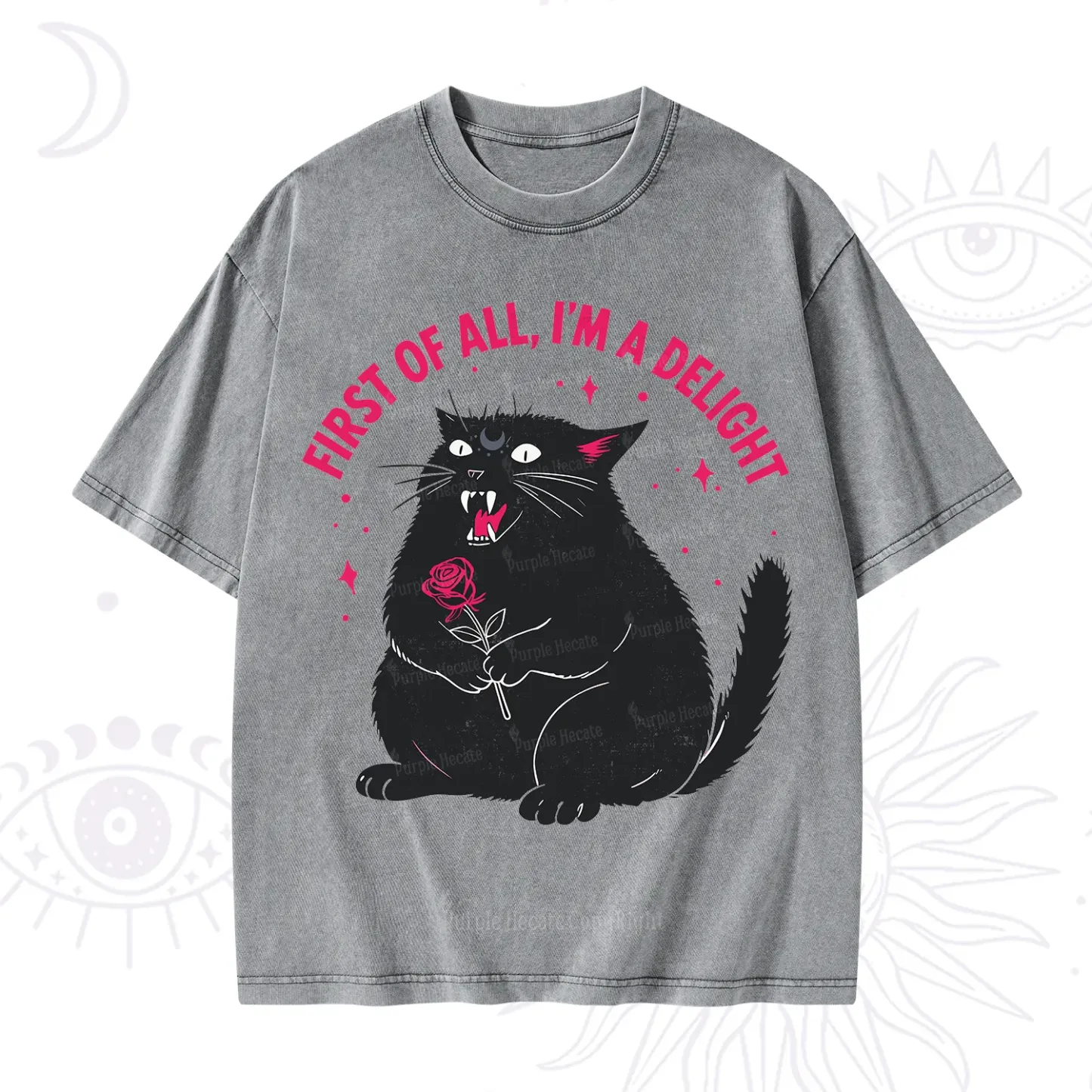 Purplehecate First Of All I'm A Delight Cat Washed T-Shirt