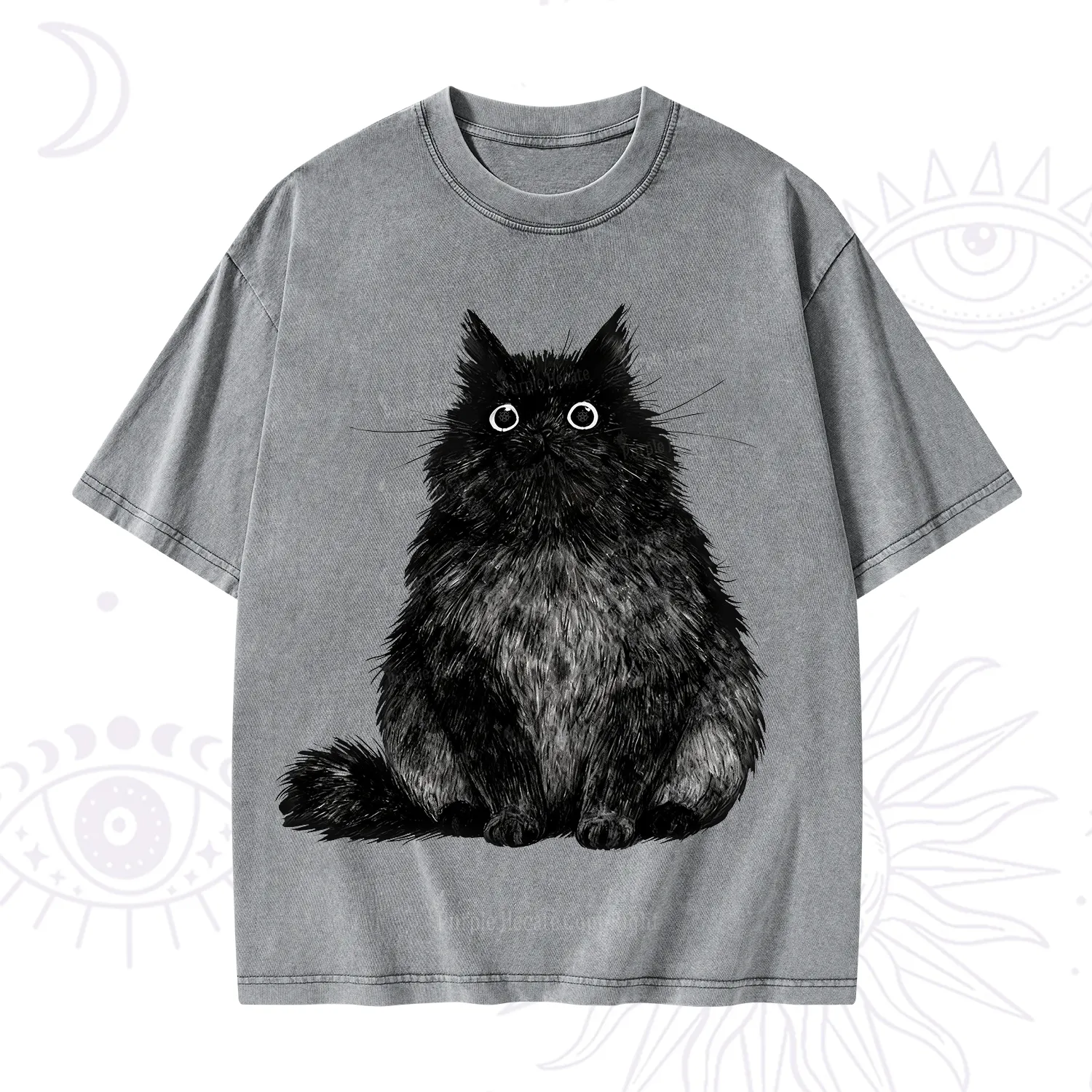 Purplehecate Cute Black Fluffy Cat Washed T-Shirt