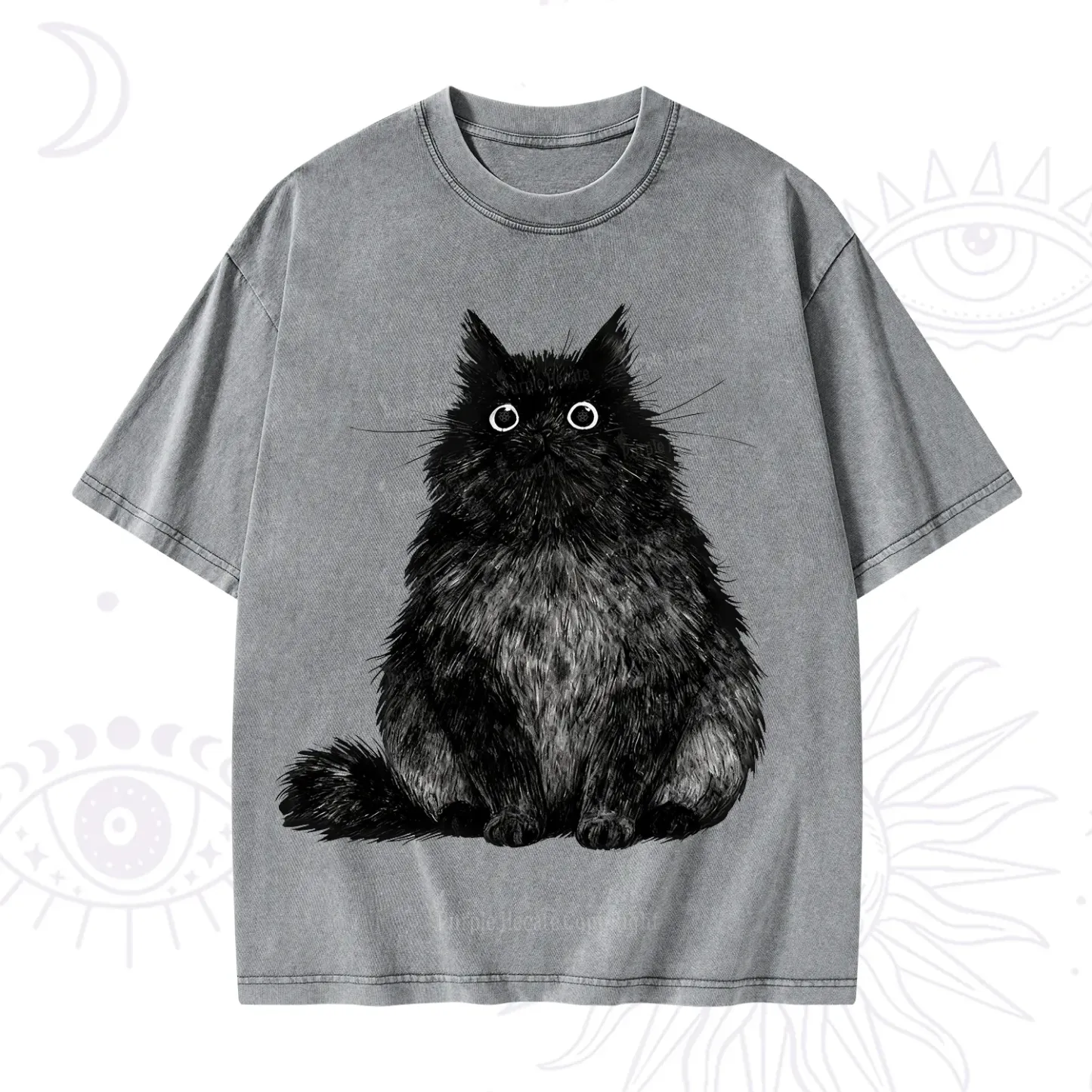 Purplehecate Cute Black Fluffy Cat Washed T-Shirt