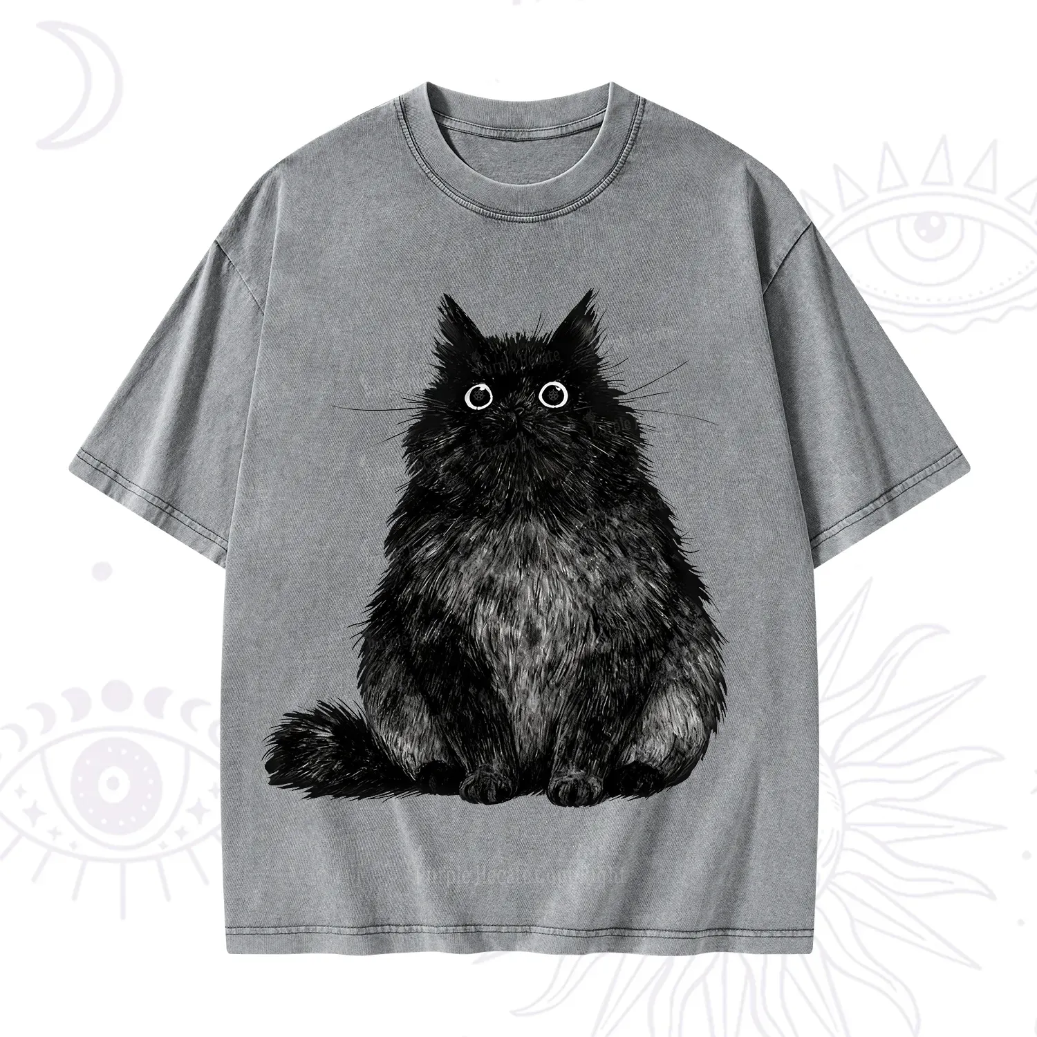 Purplehecate Cute Black Fluffy Cat Washed T-Shirt