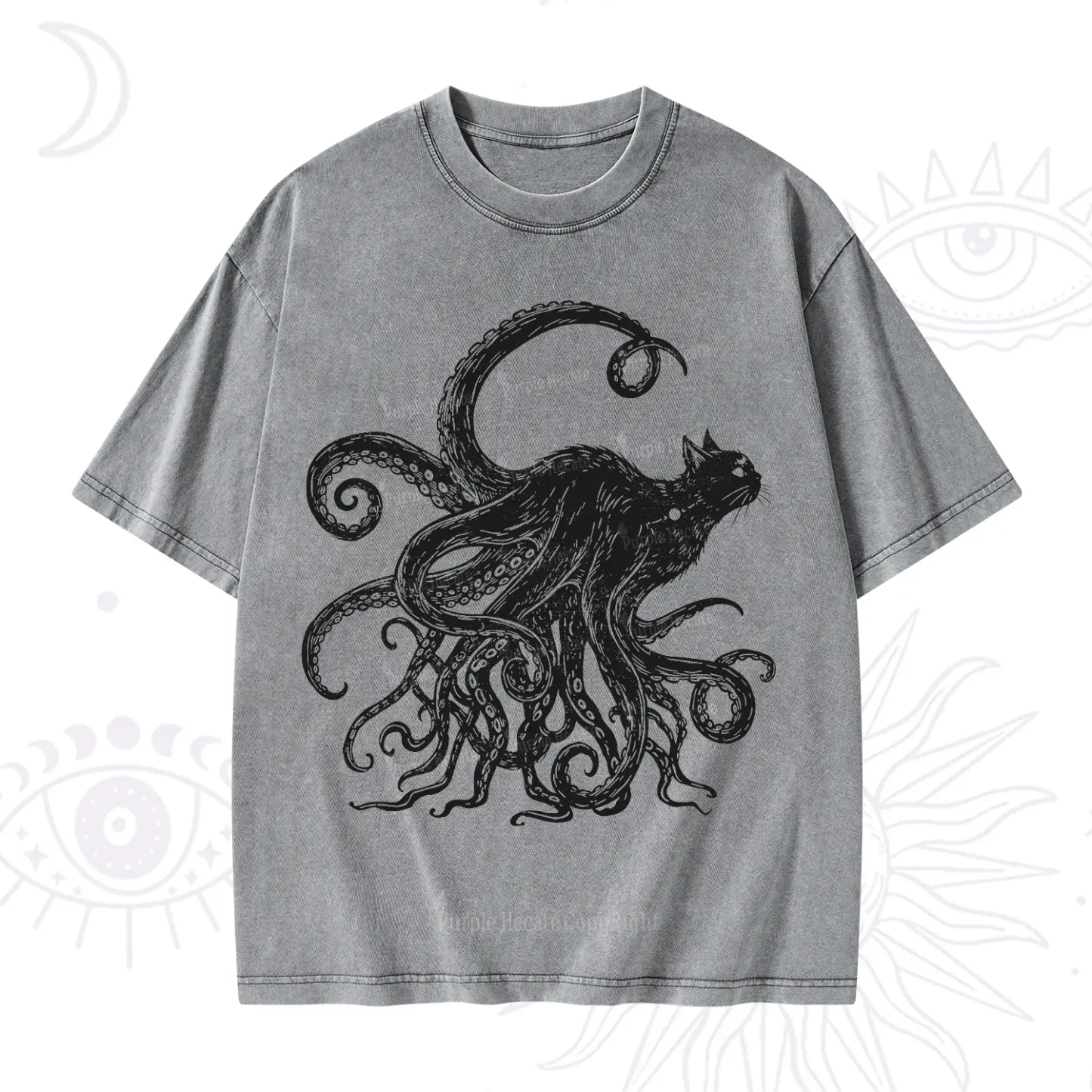 Purplehecate Black Cat with Octopus Tentacles Washed T-Shirt