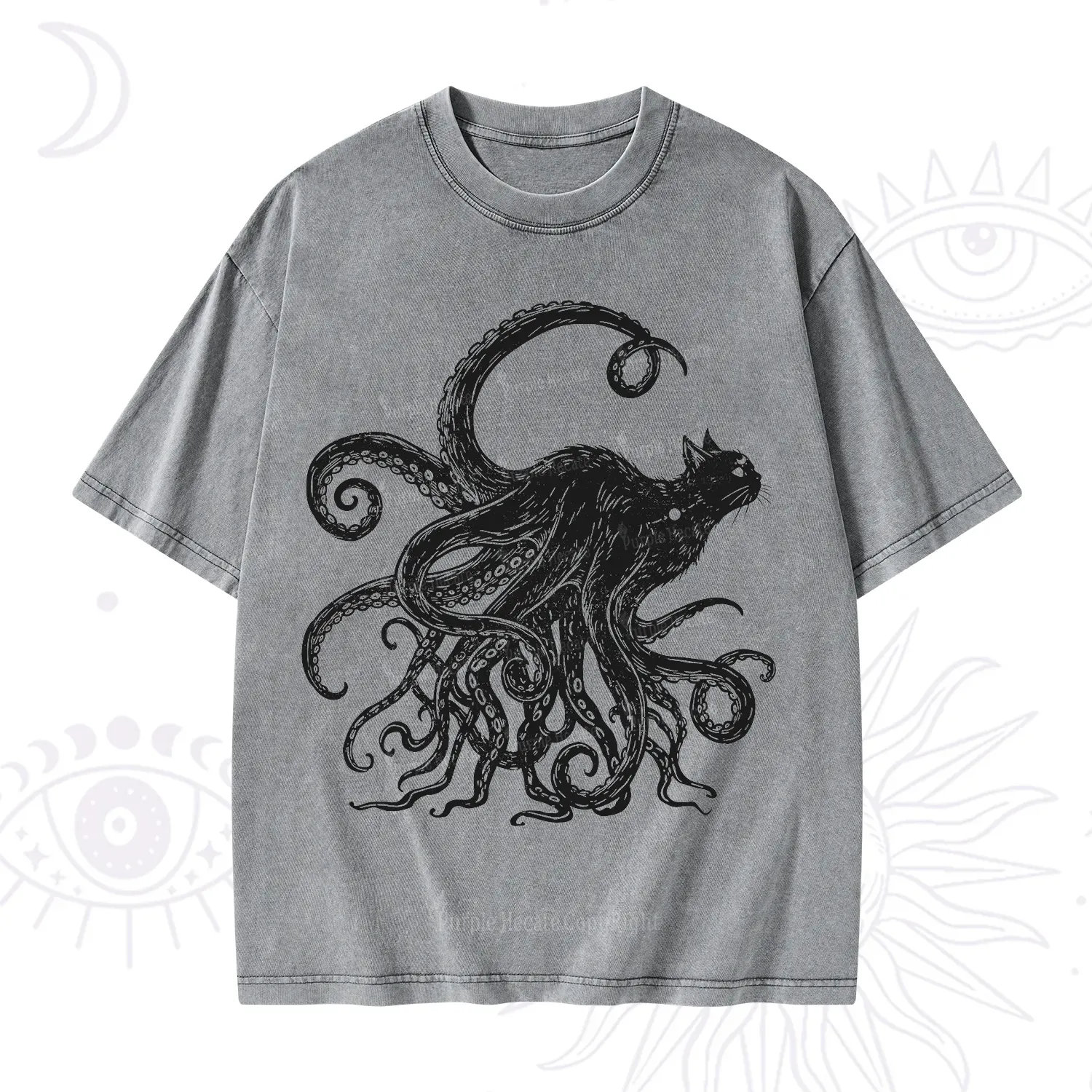 Purplehecate Black Cat with Octopus Tentacles Washed T-Shirt