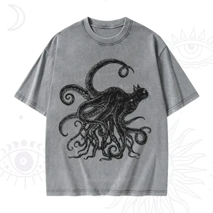 Purplehecate Black Cat with Octopus Tentacles Washed T-Shirt
