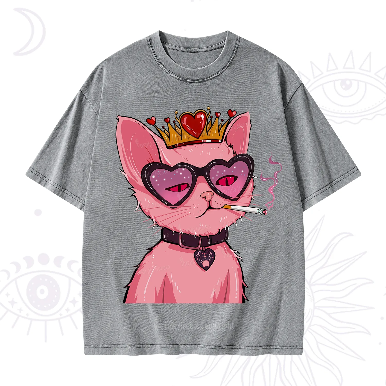 Purplehecate Bad Attitude Pink Cat Smoking Queen Washed T-Shirt