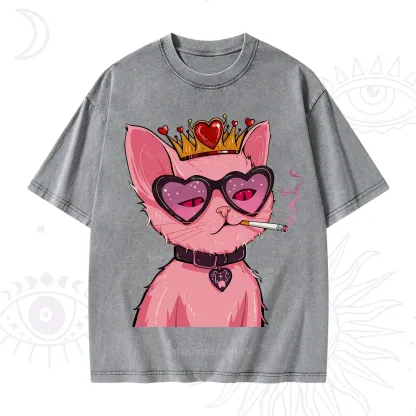 Purplehecate Bad Attitude Pink Cat Smoking Queen Washed T-Shirt