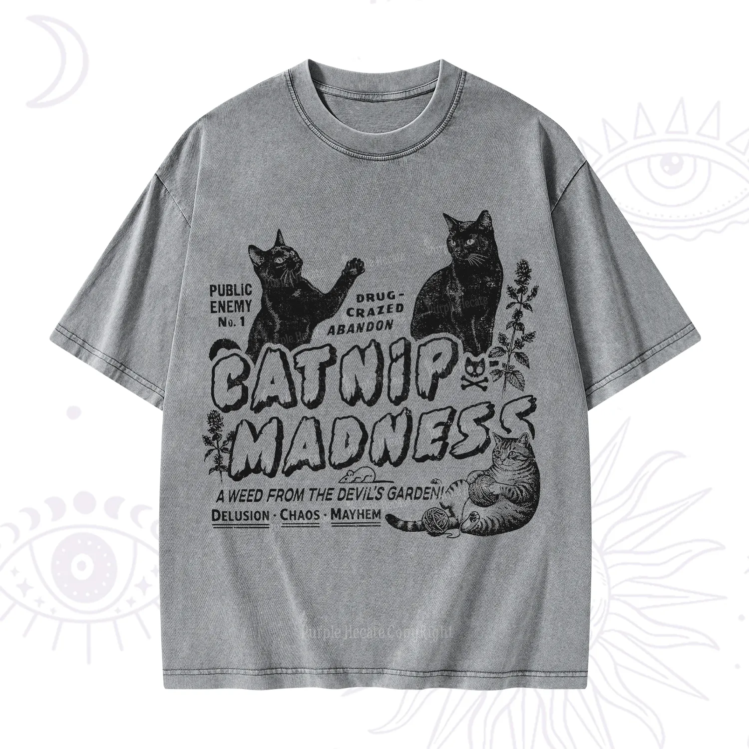 Purplehecate Catnip Madness Cute Cat Washed T-Shirt