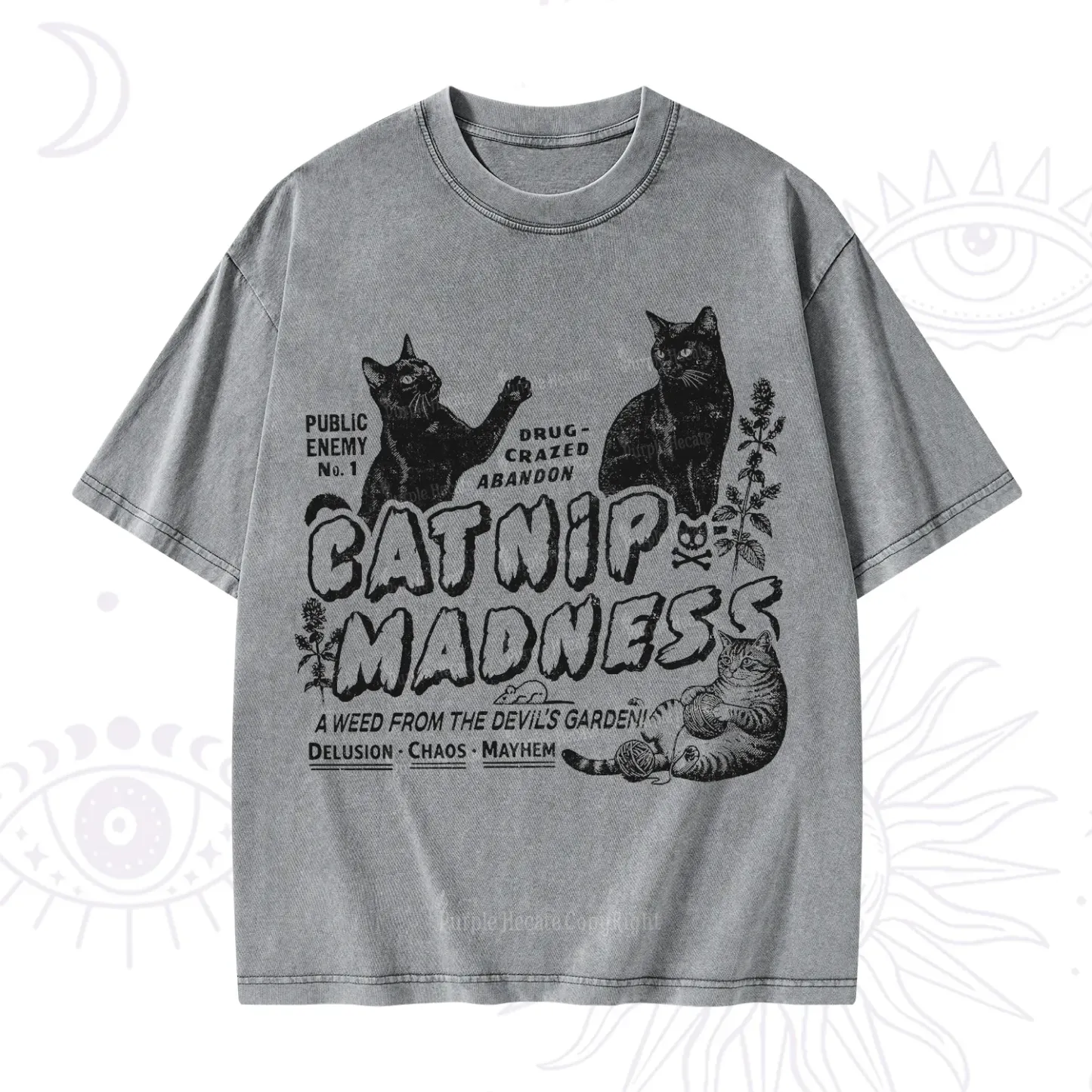 Purplehecate Catnip Madness Cute Cat Washed T-Shirt