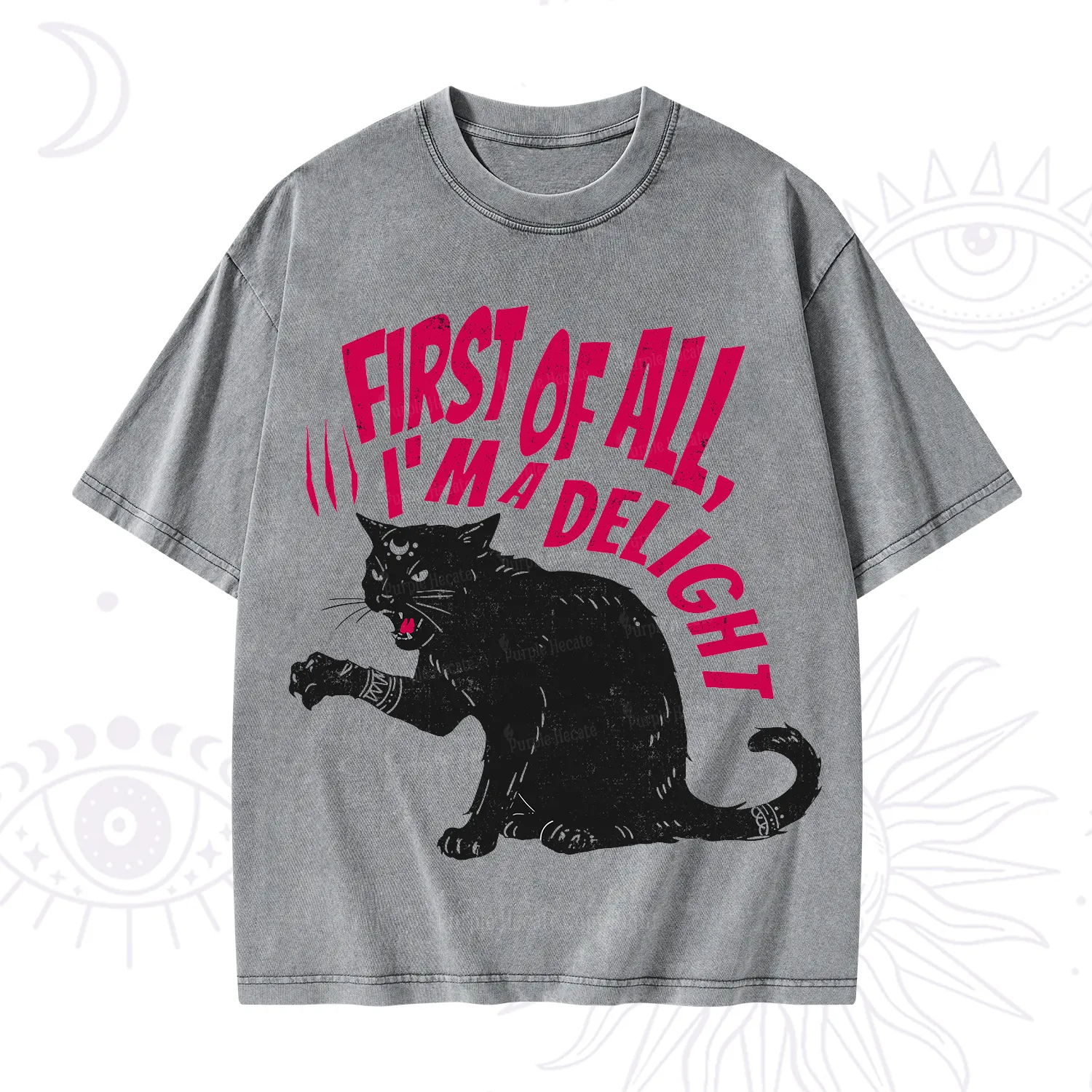 Purplehecate First Of All I'm A Delight Cat Washed T-Shirt