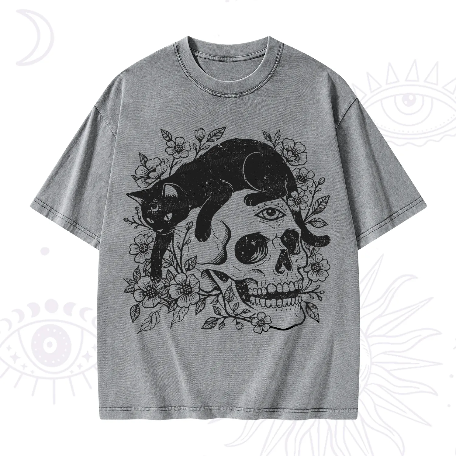 Purplehecate Black Cats In A Skull Washed T-Shirt