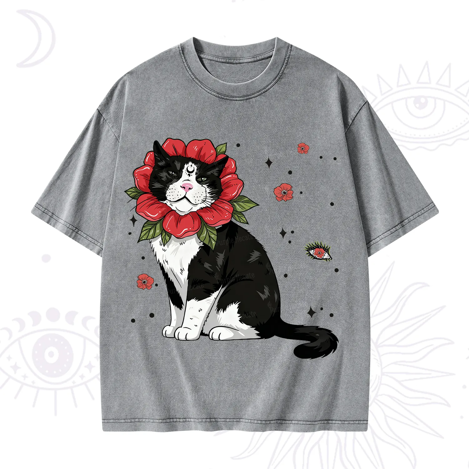 Purplehecate Cat in Flower Crown Washed T-Shirt