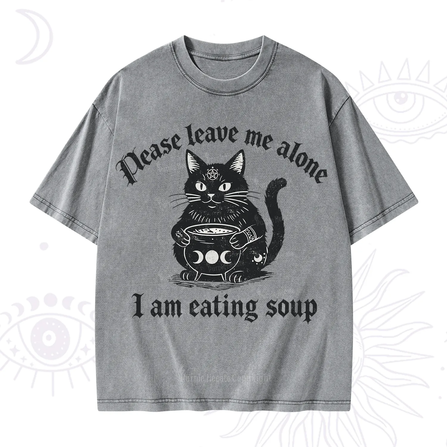 Purplehecate Magic Cat Eating Soup Washed T-Shirt