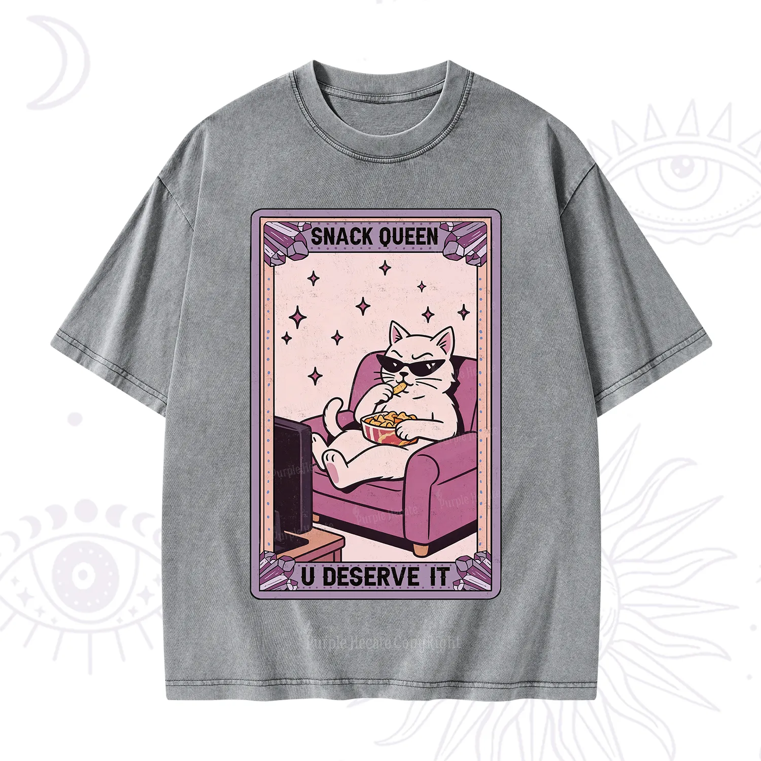 Purplehecate The Snack Queen Cat Tarot Washed T-Shirt