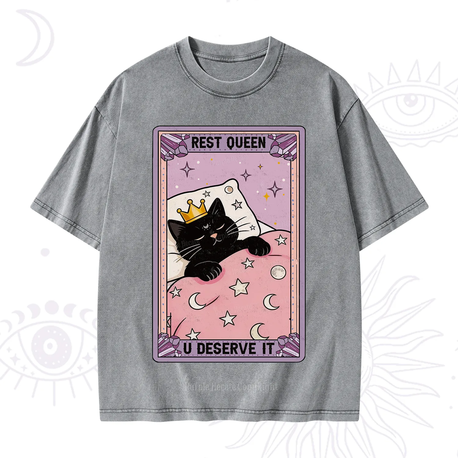 Purplehecate The Rest Queen Cat Tarot Washed T-Shirt