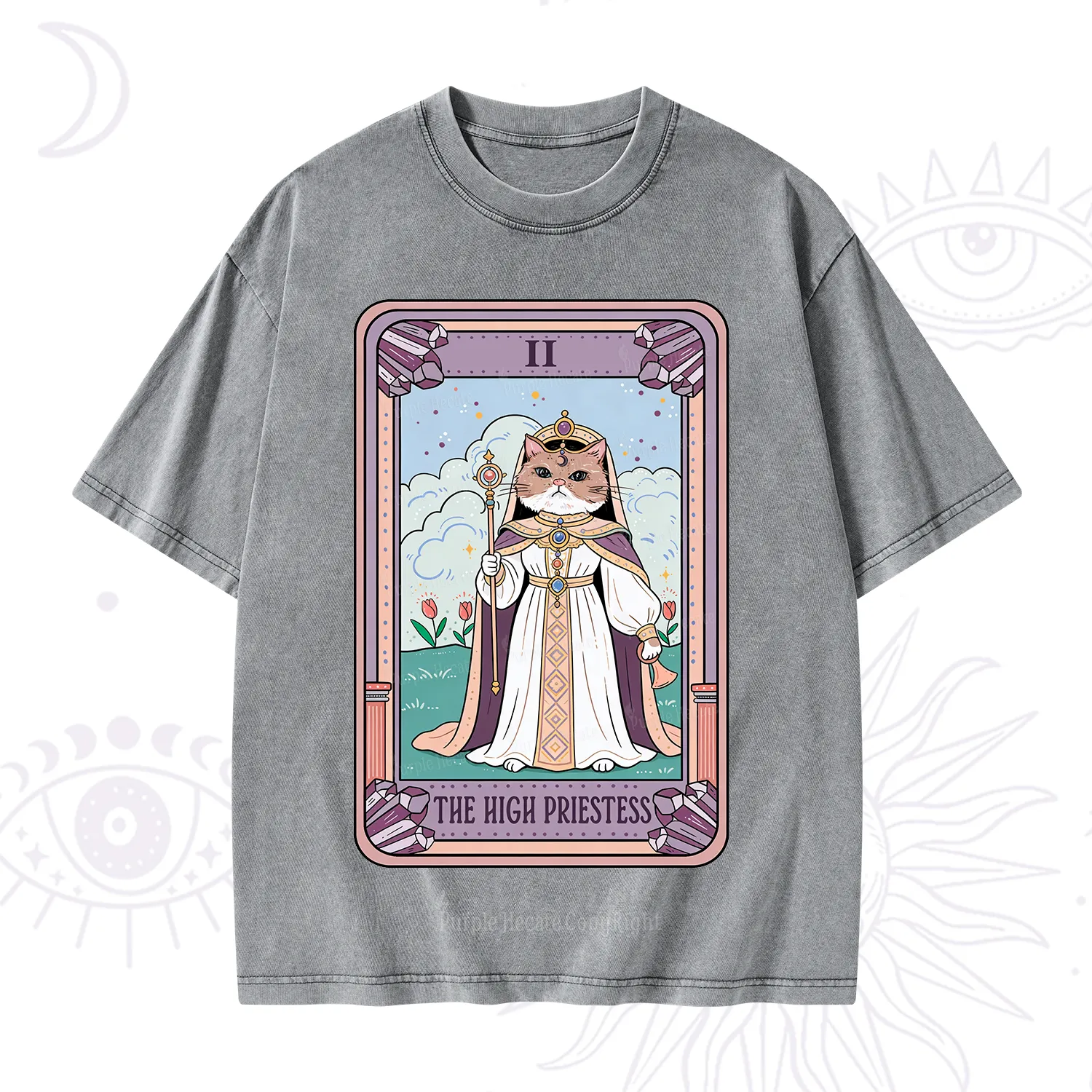 Purplehecate The High Priestess Cat Tarot Washed T-Shirt