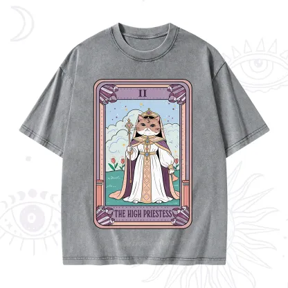 Purplehecate The High Priestess Cat Tarot Washed T-Shirt