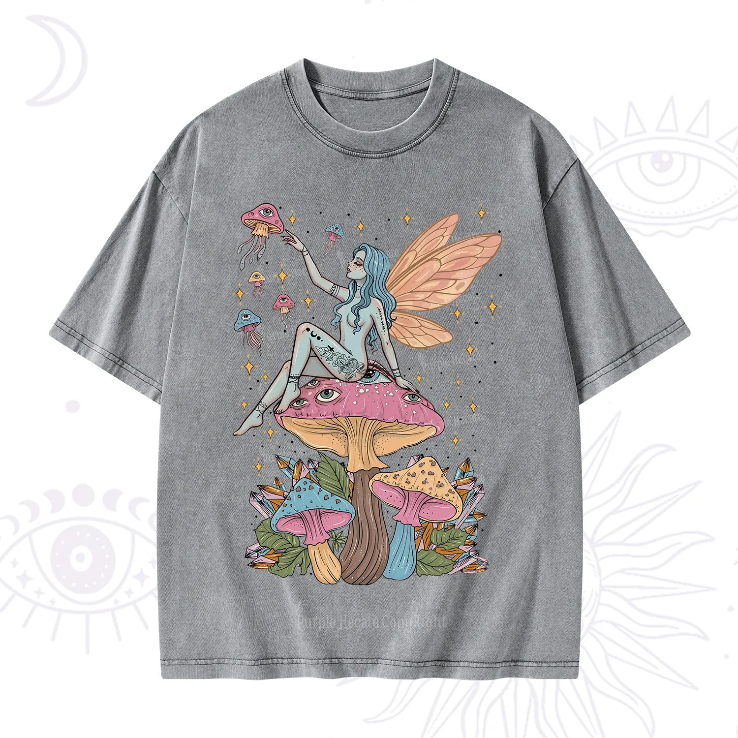Purplehecate Celestial Fairy on Mushroom Washed T-Shirt