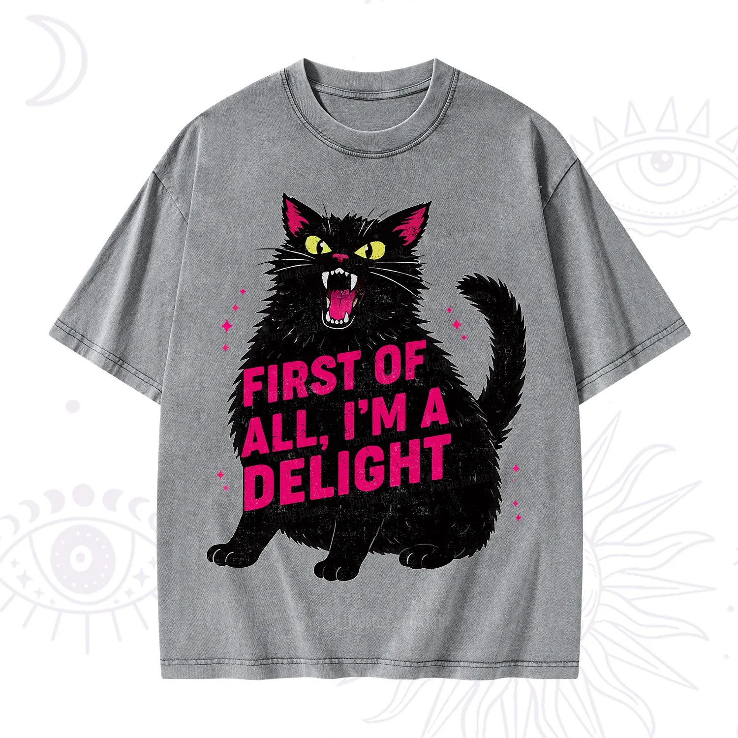 Purplehecate First Of All I'm A Delight Cat Washed T-Shirt