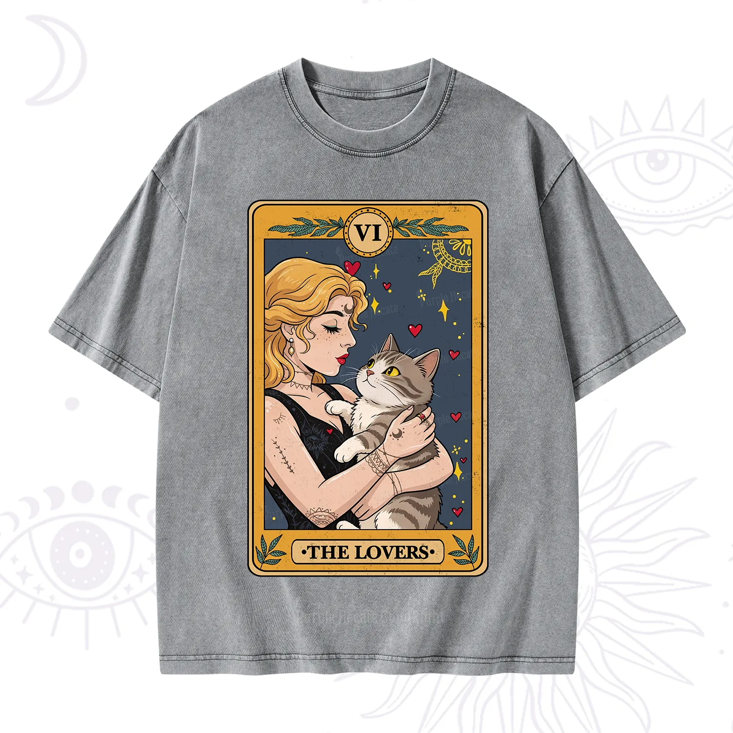 Purplehecate The Lovers Tarot for Cat Lovers Washed T-Shirt