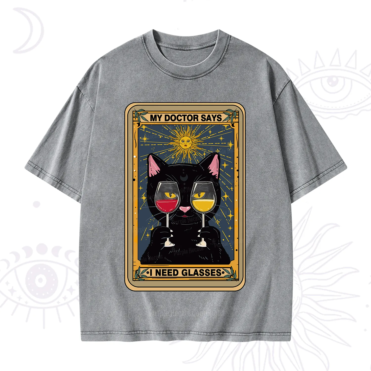 Purplehecate Funny Black Cat My Doctor Says I Need Glasses Tarot Washed T-Shirt
