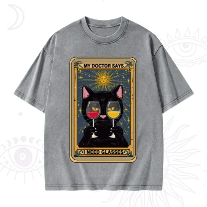 Purplehecate Funny Black Cat My Doctor Says I Need Glasses Tarot Washed T-Shirt