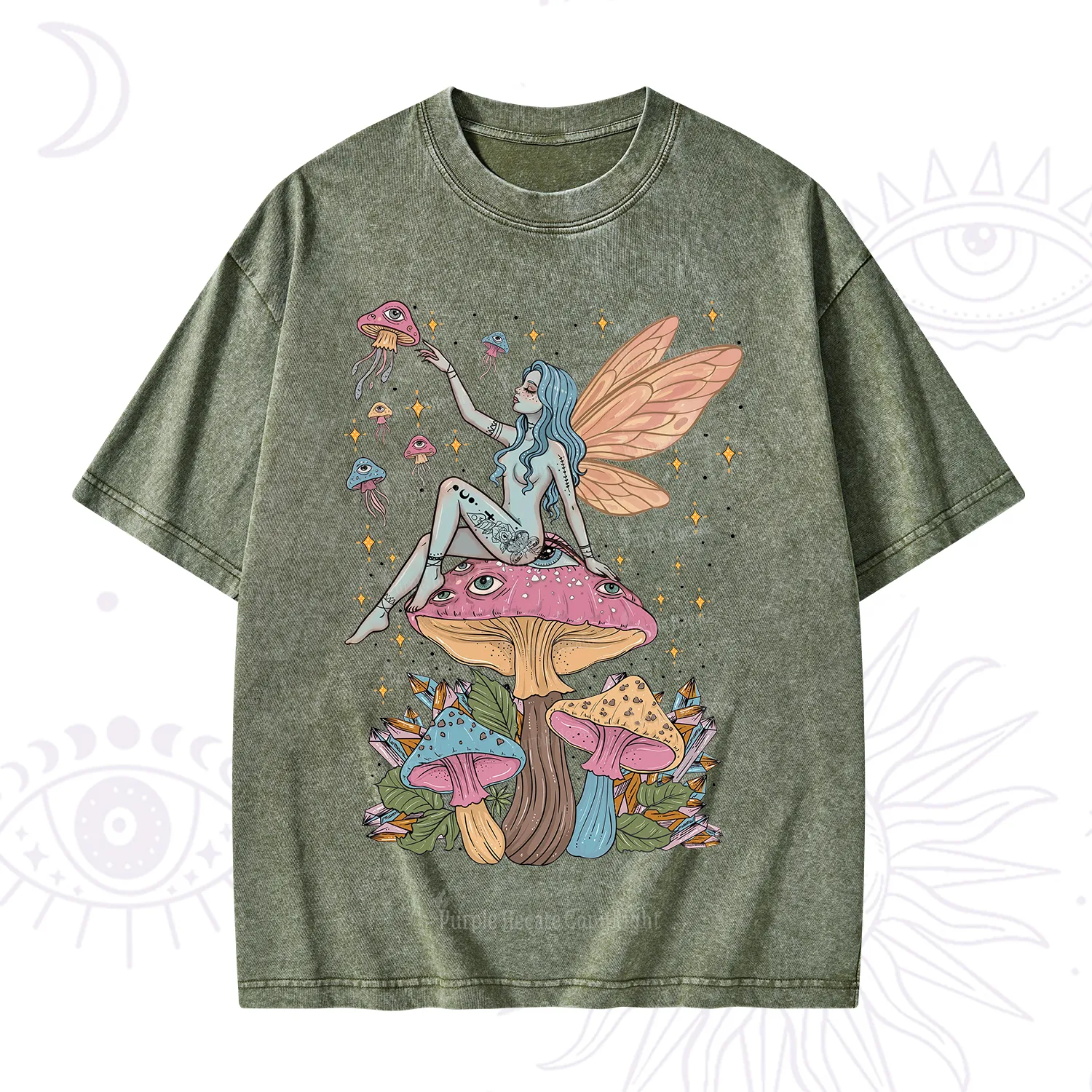 Purplehecate Celestial Fairy on Mushroom Washed T-Shirt