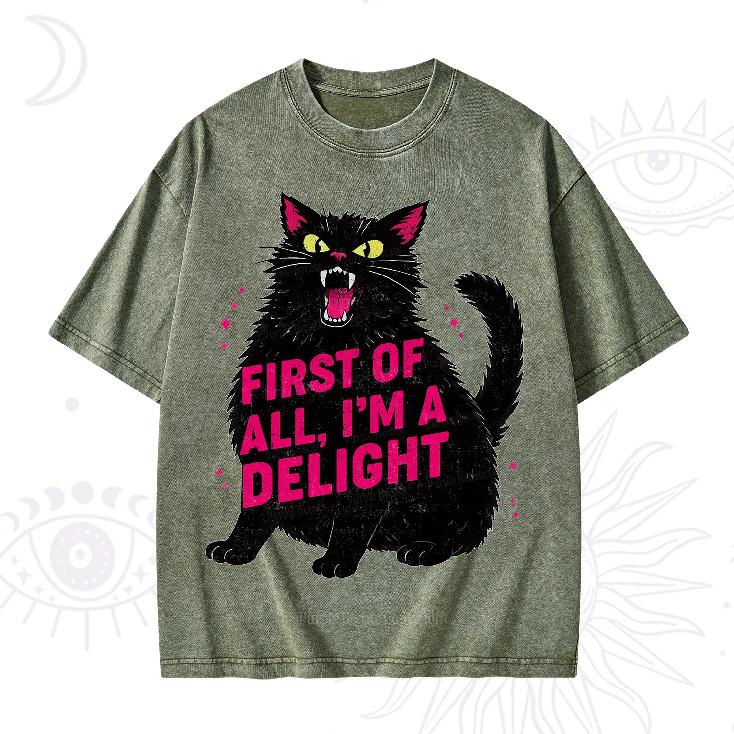 Purplehecate First Of All I'm A Delight Cat Washed T-Shirt