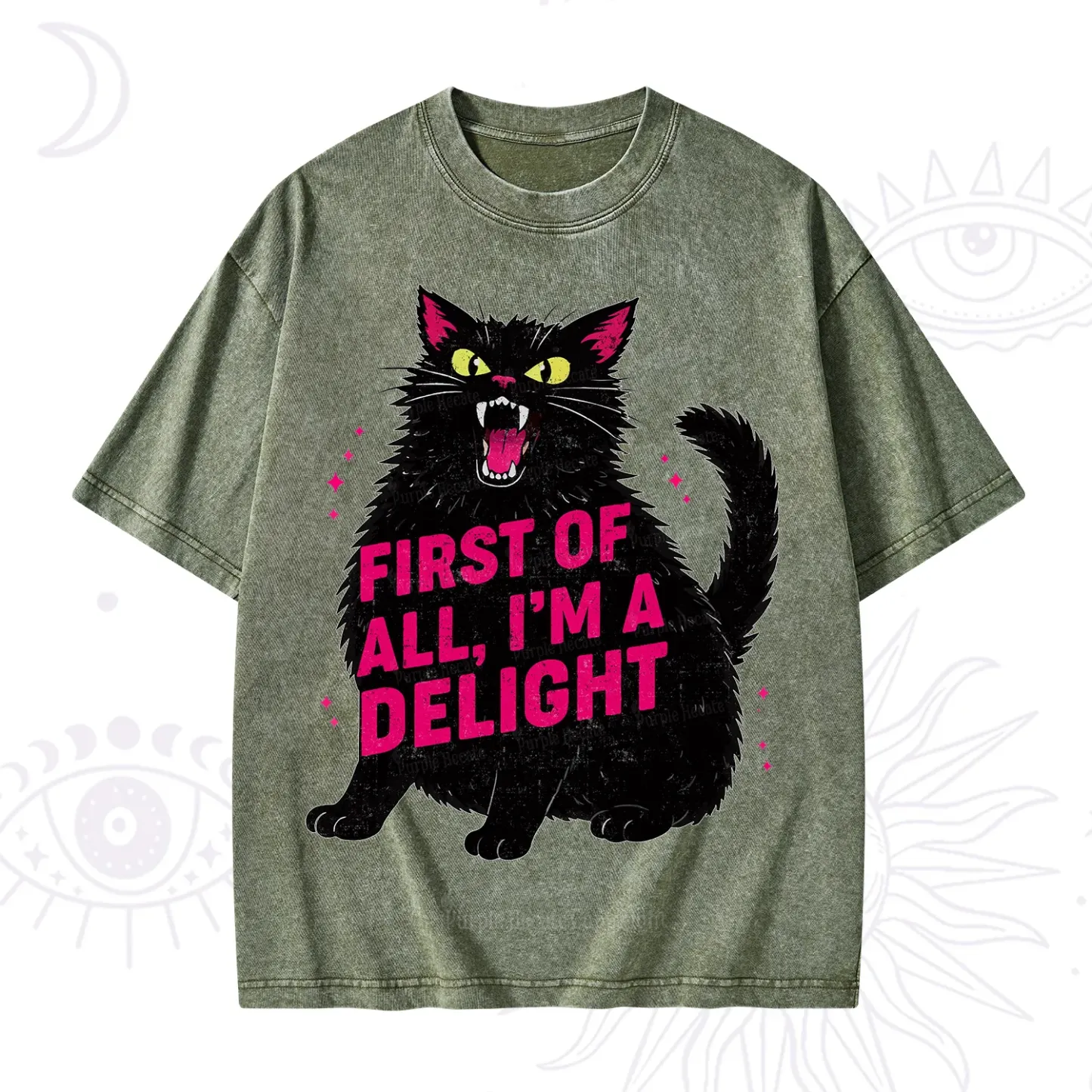 Purplehecate First Of All I'm A Delight Cat Washed T-Shirt