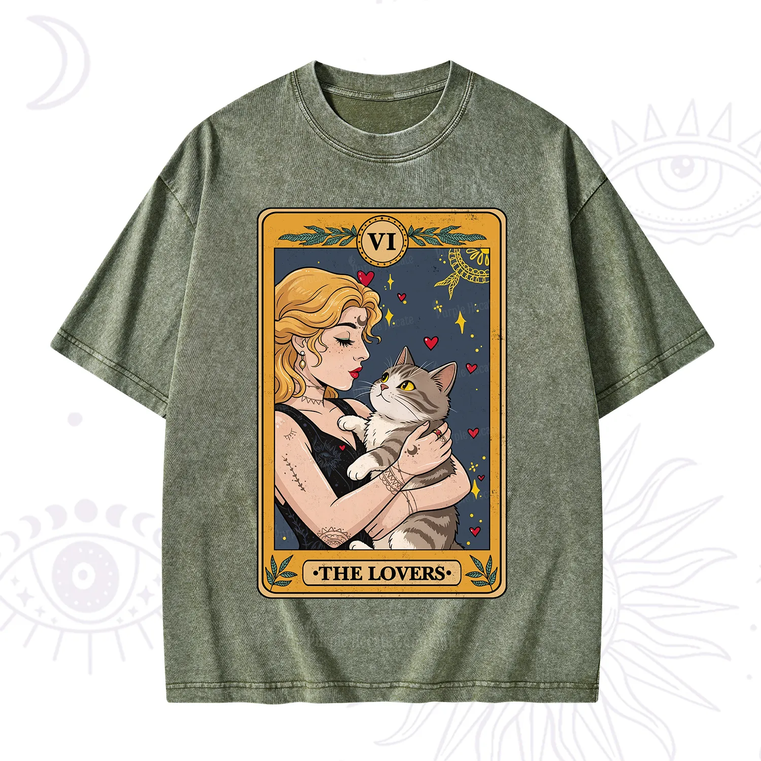 Purplehecate The Lovers Tarot for Cat Lovers Washed T-Shirt