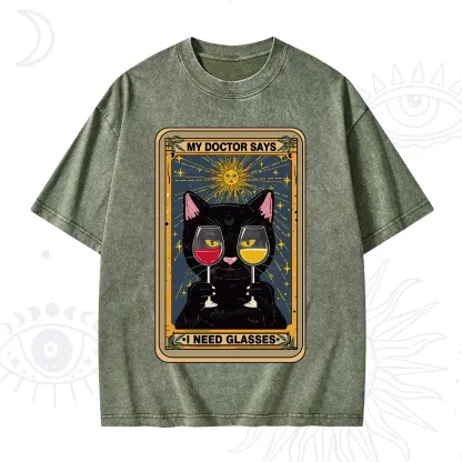 Purplehecate Funny Black Cat My Doctor Says I Need Glasses Tarot Washed T-Shirt