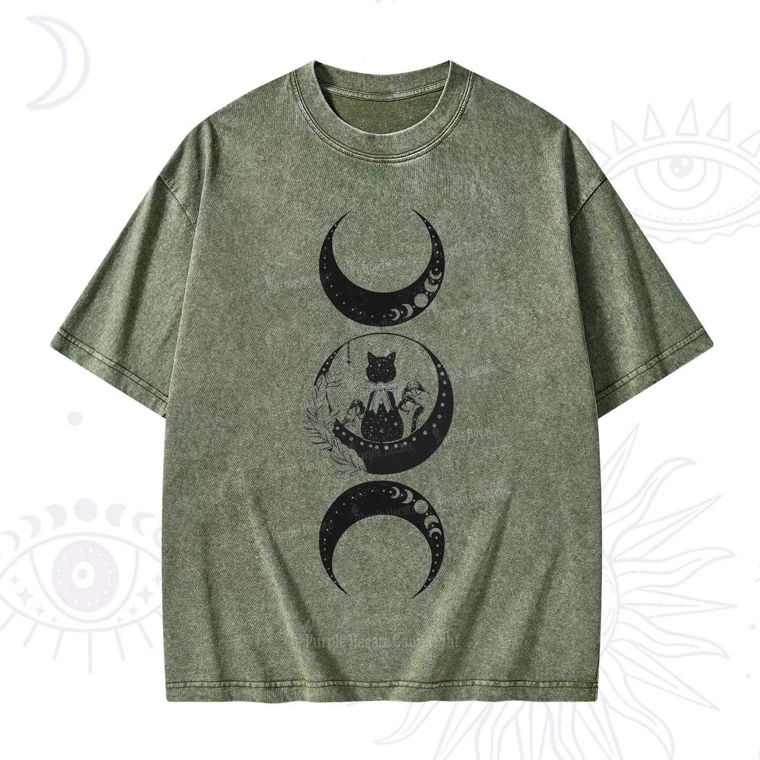 Purplehecate Cat And Moon Phases Washed T-Shirt