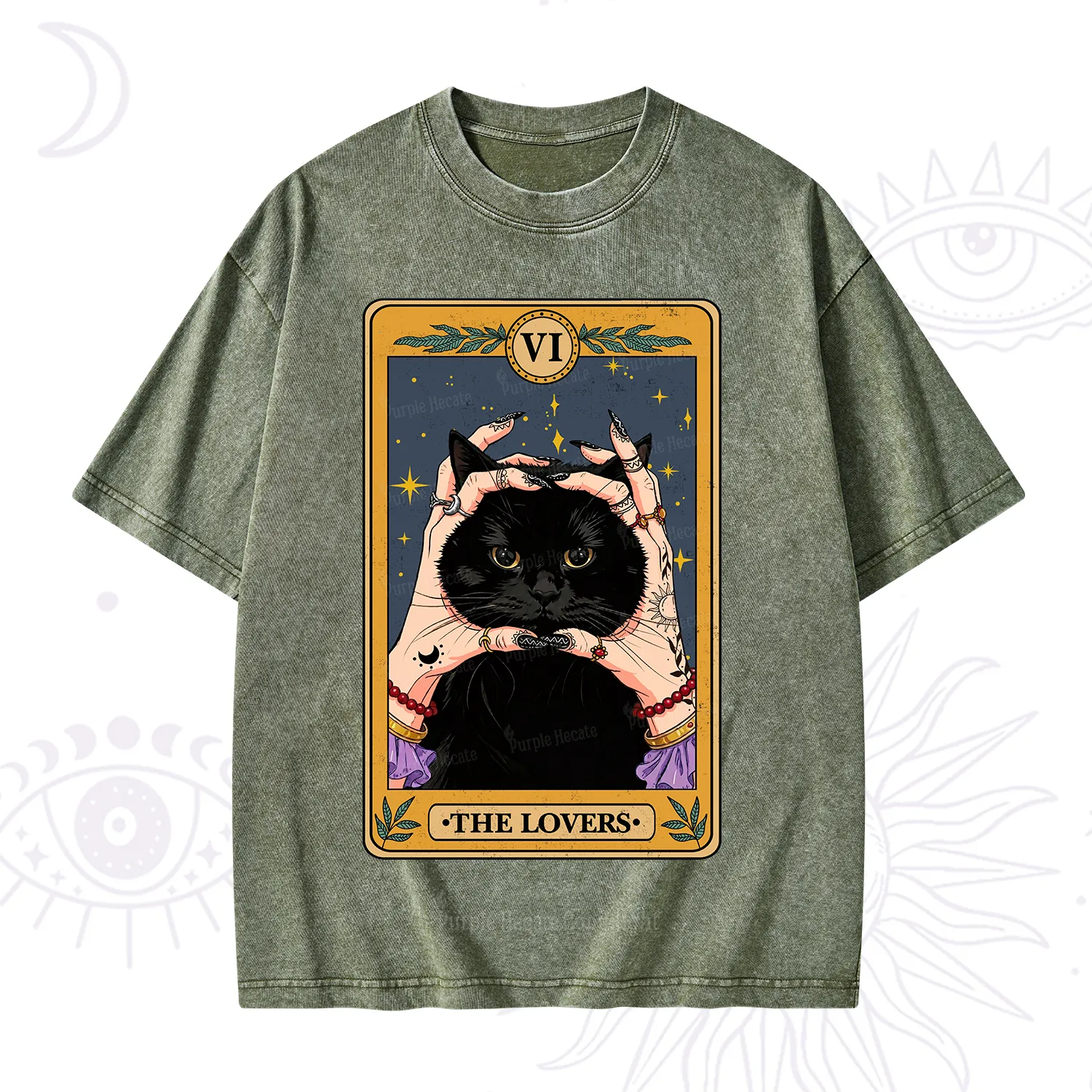 Purplehecate Black Cat The Lovers Tarot Card Washed T-Shirt