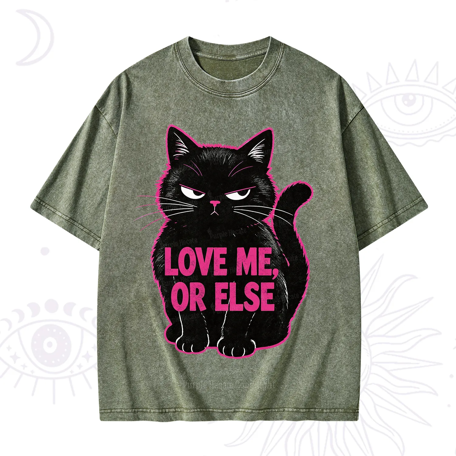 Purplehecate Grumpy Black Cat Love Me or Else Washed T-Shirt